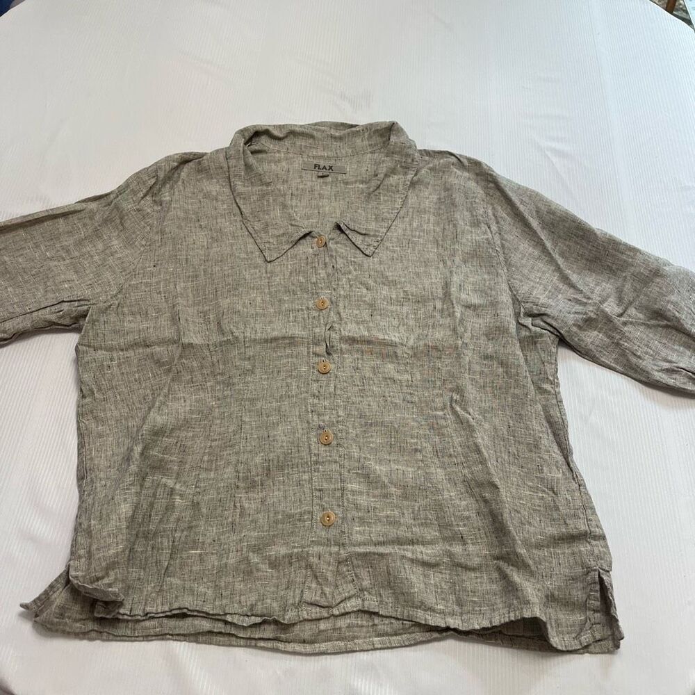 Flax Linen Button-Front Blouse Taupe Large